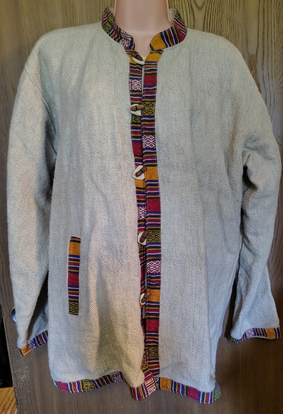 Wool Boho Hippy Jacket Made In Nepal Size L Tan colorful trim pockets